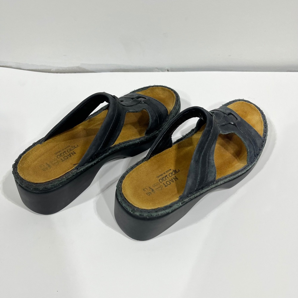 Naot Black Genuine Leather Wedge Slide Sandals Women 40 9 Comfort Slip On Resort - Picture 4 of 7